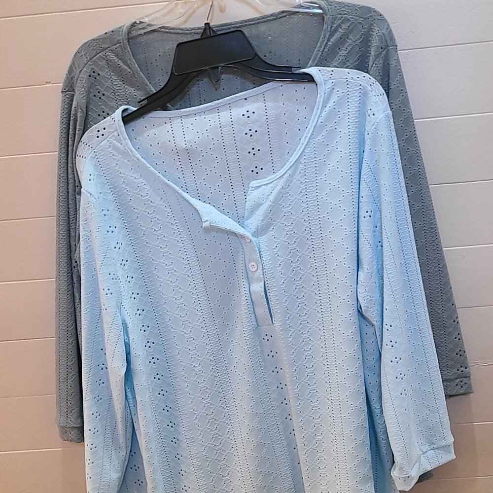 2- 3/4 Length Sleeve Casual Womens Eyelet Tops -Sage Green & Light Blue